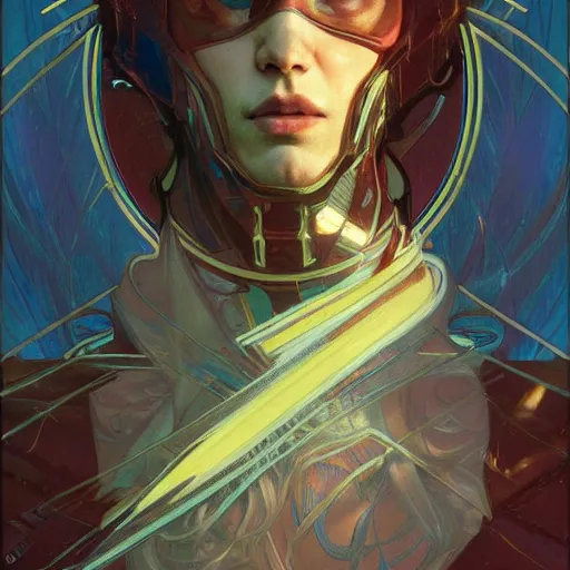 Image similar to The Flash from Justice Leage 2020, portrait art by alphonse mucha and greg rutkowski, highly detailed, digital painting, concept art, illustration, dim lighting with twilight rays of sunlight, trending on artstation, very detailed, smooth, sharp focus, octane render