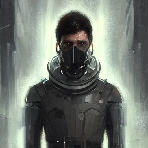 Prompt: portrait of a man by greg rutkowski, he is about 3 0 years old, short black hair with bangs, expression of terror and bewilderment, very tall and slender, he is wearing futuristic space gear, highly detailed portrait, digital painting, artstation, concept art, smooth, sharp foccus ilustration, artstation hq