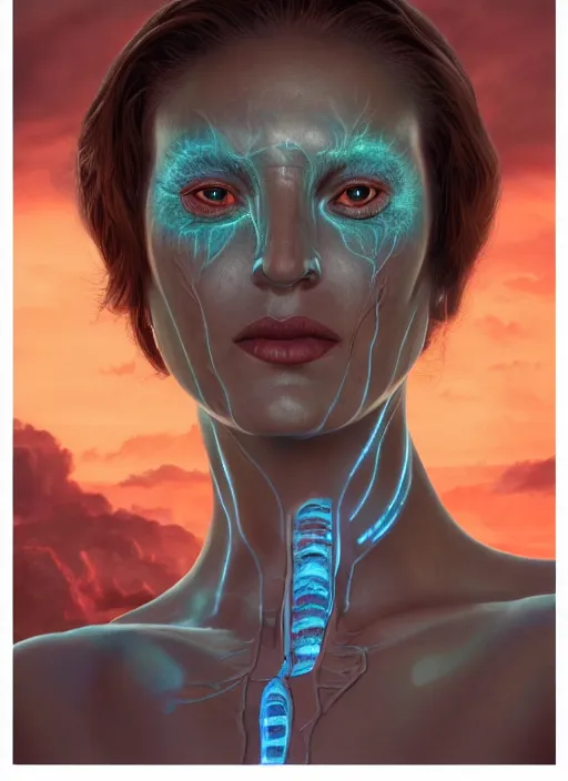 Prompt: biblical female android, pattern of ivy on skin, glowing veins, in clouds, sunset, portrait by wayne barlowe, studio lighting, muted colors, by frank frazetta, extreme detail, reflections, trending on artstation, 8 k