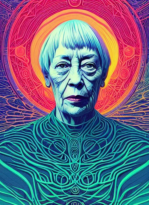 Prompt: symmetry!! stunning portrait of ursula le guin!! by victo ngai, kilian eng vibrant colours, dynamic lighting, digital art, winning award masterpiece, fantastically beautiful, illustration, aesthetically inspired by beksinski and dan mumford, trending on artstation, art by greg rutkowski, 8 k