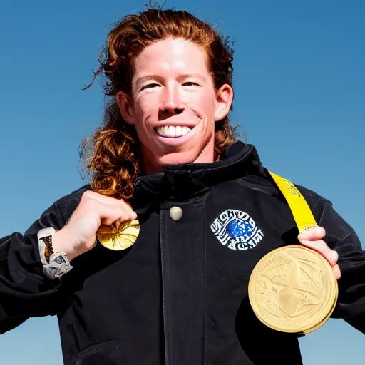 Image similar to high quality portrait of shaun white holding a gold medal with blue sky above him, rule of thirds, upper body shot, sharp focus, extremely detailed, studio photography