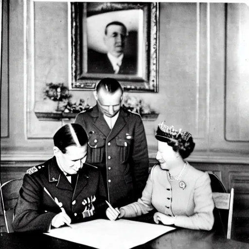 Prompt: 5 0 mm 1 9 4 6 historical photo, of a single german general and a young queen elizabeth signing a peace treaty, a cute corgi watches from above, french village interior, highly detailed, sharp focus, symmetrical face