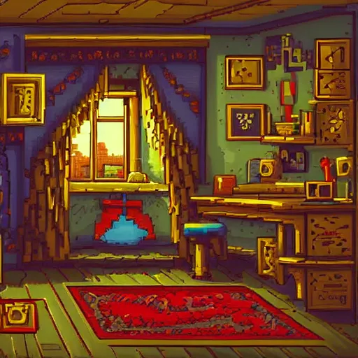 Image similar to 9 0 s bedroom, beautiful detailed pixel art, intricate details, beautiful, dithered gradients, volumetric lighting, cgsociety, artstation, smooth, sharp focus, 2 d illustration, old school computer game graphics, crpg, d & d, pixel art