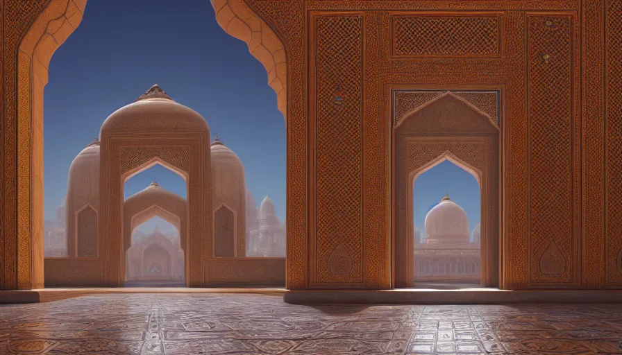 Image similar to the inside of a monument with mughal motifs, by tim blandin and arthur haas and bruce pennington and john schoenherr, big windows architecture by zaha hadid, octane render, cinematic, scenery, cgsociety, modernism, futuristic, trending on artstation, sci - fi, high detail, high quality, close up angle, people walking