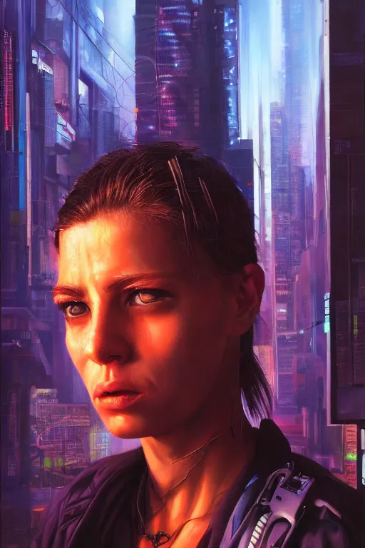 Image similar to realist portrait in a cyberpunk city by Jerad Marantz hyperrealistic oil painting, 4k, studio lightning