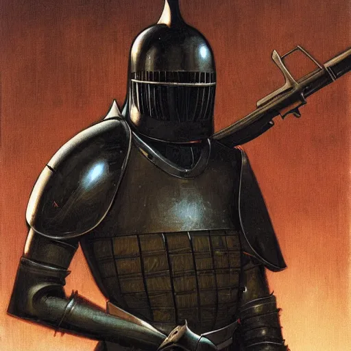 Image similar to Knight inspecting a modern weapon, by Gerald Brom