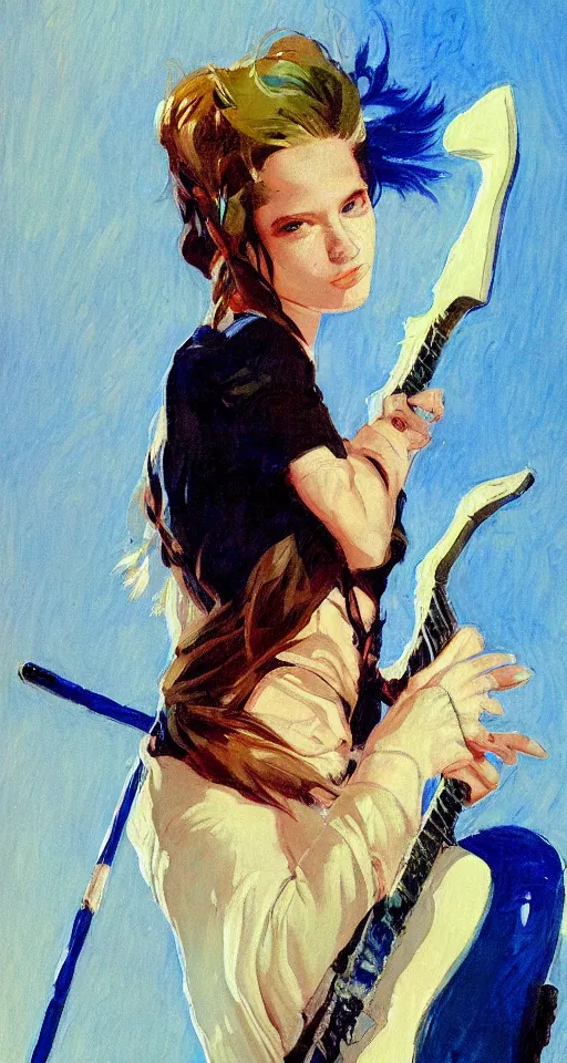 Prompt: amospheric portrait of a teenage rocker girl from the 9 0 s, blue hair, blue eyes, wielding a staff, in the style of joaquin sorolla, bill sienkiwicz, syd mead, atmospheric, detailed