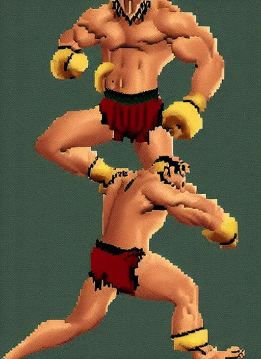 Prompt: extreme long shot. 8 bit nes graphics. antropomorphic muscular masculine wolf. kickboxer, in shorts. wolf head. furr on body.