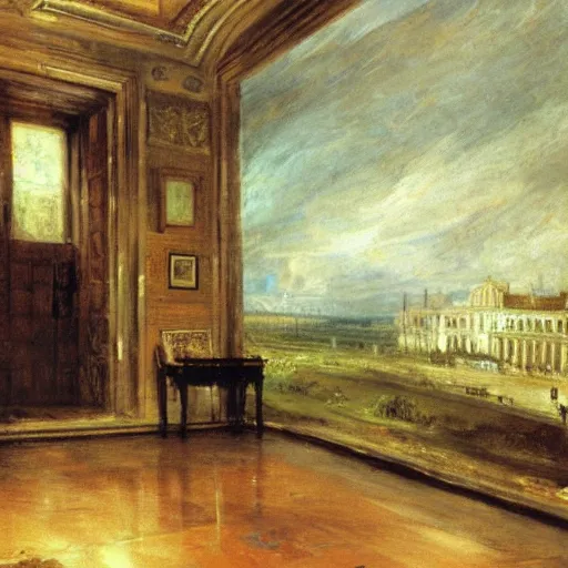 Prompt: futuristic interior painted by john constable