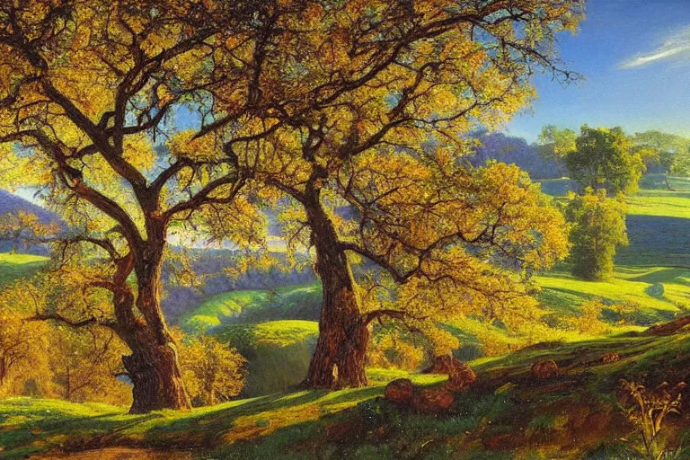 Image similar to masterpiece painting of oak trees on a hillside overlooking a creek, dramatic lighting, by victor nizovtsev