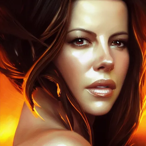 Image similar to closeup portrait of a kate beckinsale, seductive smile, chiaroscuro, city background, golden hour, dramatic lighting, complementary contrast, high detail, painted by greg rutkowski, painted by igor kieryluk, trending on artstation