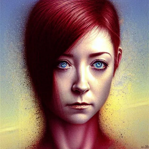 Image similar to 2 0 years old alyson hannigan with short hairs by beksinski, luis royo