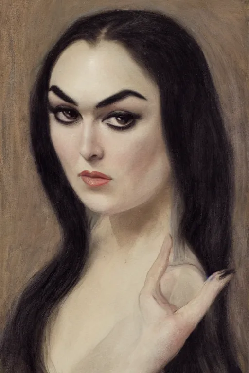 Prompt: upper body portrait sasha grey as morticia addams by alfred stevens