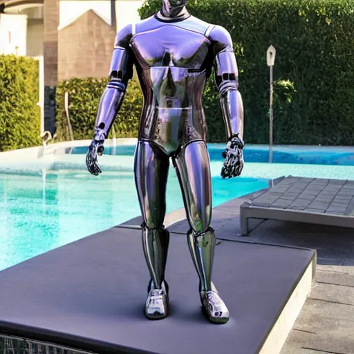 Image similar to a realistic detailed photo of a guy who is an attractive humanoid who is half robot and half humanoid, who is a male android, wrestler zack ryder, shiny skin, posing like a statue, blank stare, by the pool, on display, showing off his muscles, humanoid robot, frozen ice statue