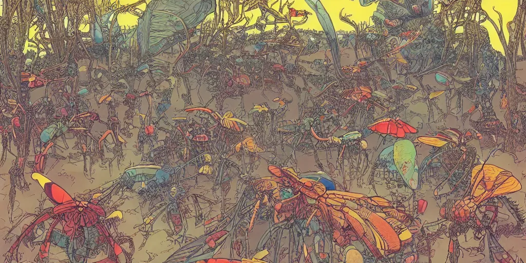 Prompt: insect carnival, by moebius