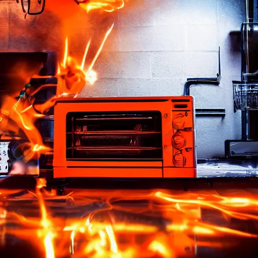 Image similar to toaster oven connected to 1 0 0 cables, symmetry, dark messy smoke - filled cluttered workshop, dark, dramatic lighting, orange tint, sparks, cinematic, highly detailed, sci - fi, futuristic, movie still