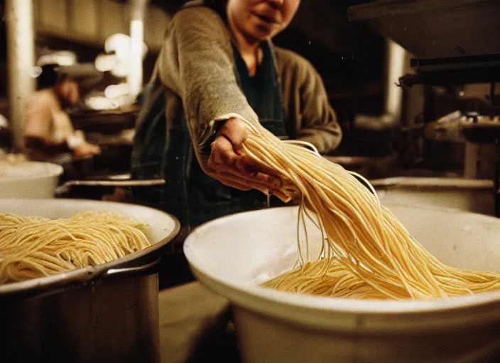 Image similar to a factory where people are processing fresh spaghetti, canon 5 0 mm, cinematic lighting, photography, retro, film, kodachrome, closeup