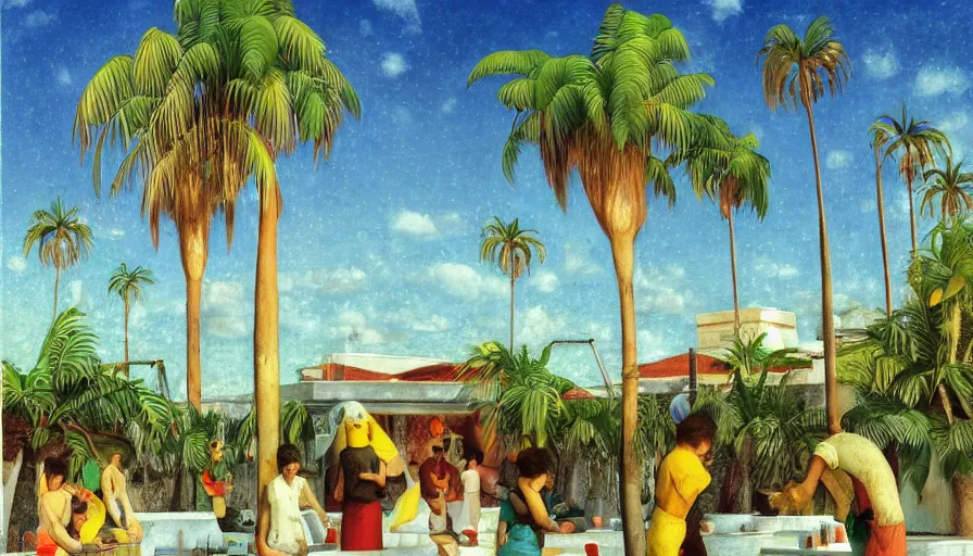 Prompt: 1 9 9 8 brazilian kitchen designed by arthur bispo do rosario, jules bastien - lepage, tarsila do amaral, frank weston and gustave baumann, trending on artstation, mediterranean, palm trees, brutalism, sharp focus, colorful refracted sparkles, star lines, soft light, 8 k