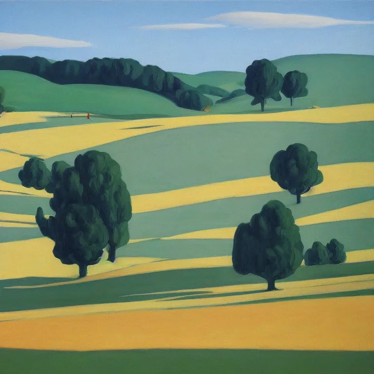 Prompt: dreaming rural landscape with architecture, painted by Alex Katz, painted by Edward Hopper, airbrush