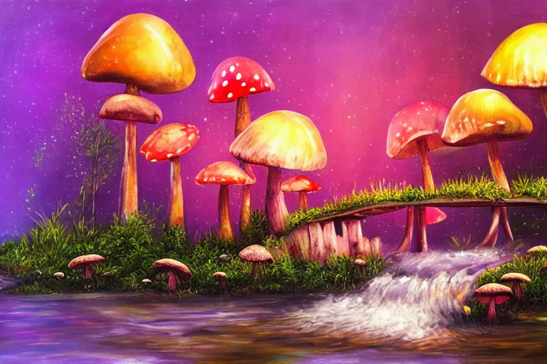 Image similar to a painting of giant mushrooms with lights next to a small bridge, flowing water, digital art, scenic, reds, purples, pink, reflections,