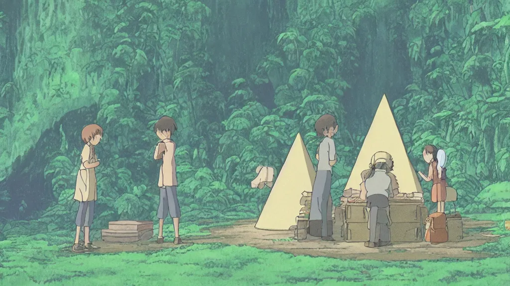 Prompt: a movie still from a studio ghibli film showing a glowing pyramid in the rainforest. a group of giant wizards meditate outside on a misty and starry night. by studio ghibli