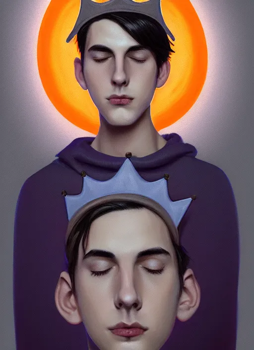 Image similar to portrait of teenage jughead jones wearing a light grey crown, symmetrical crown, hamburger background, eyes closed, crown, black hair, orange, intricate, elegant, glowing lights, warm lighting, highly detailed, digital painting, artstation, concept art, smooth, sharp focus, illustration, art by wlop, mars ravelo and greg rutkowski