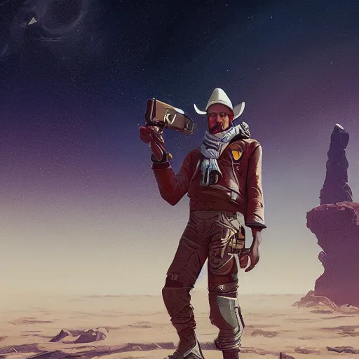 Prompt: No man's sky Gunslinger cowboy digital art in the style of Greg Rutkowski and Craig Mullins, 4k