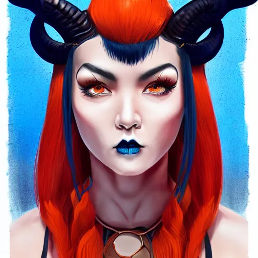 Image similar to illustrated realistic portrait of ram-horned devil woman with blue bob hairstyle and her tangerine colored skin and with solid black eyes wearing leather by rossdraws