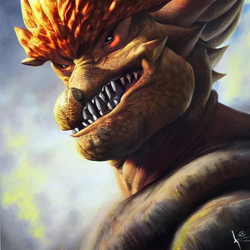 Image similar to An ultra realistic portrait painting of Bowser in the style of Frank Frazetta, 4k, Ultra realistic, Highly Detailed, Dark Fantasy, Epic Lighting