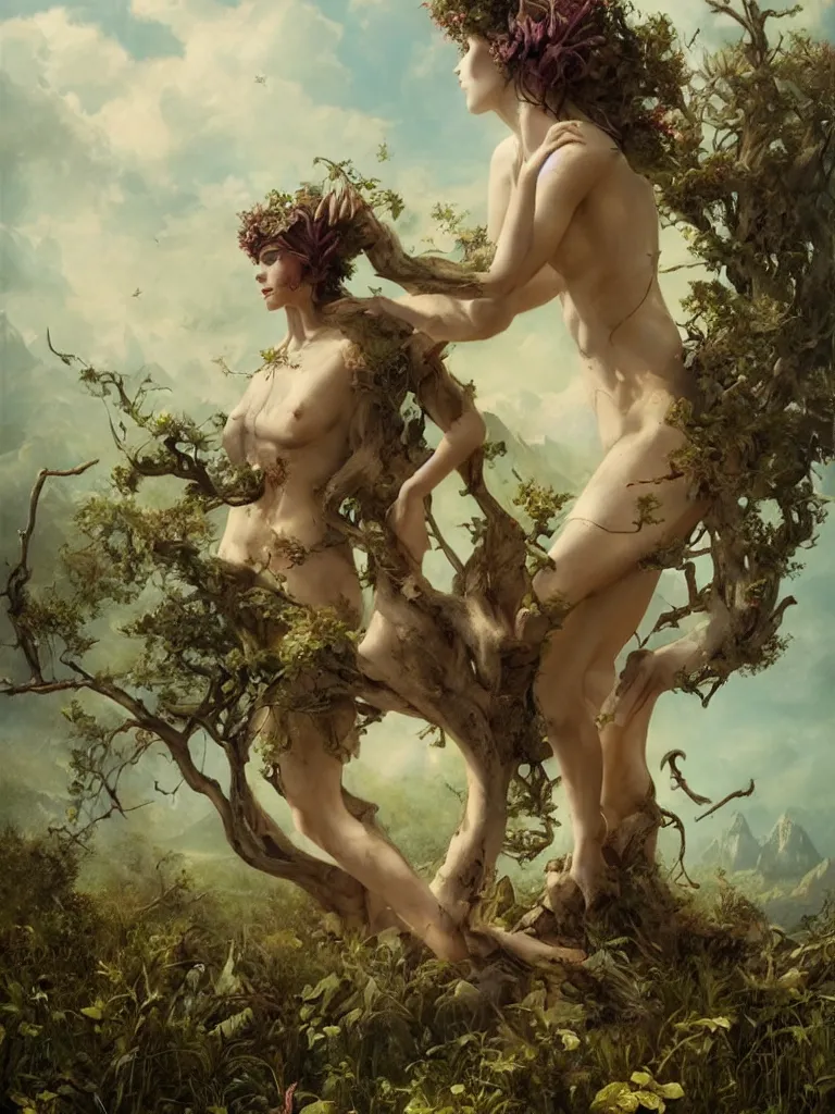 Image similar to a beautiful lush landscape of a the most beautiful satyr in a field are of broken stone words, hyperrealistic, award-winning, masterpiece, in the style of Tom Bagshaw, Cedric Peyravernay, Peter Mohrbacher