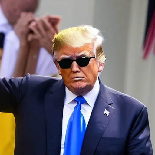 Prompt: donald trump with a bald head and sunglasses, in the morning