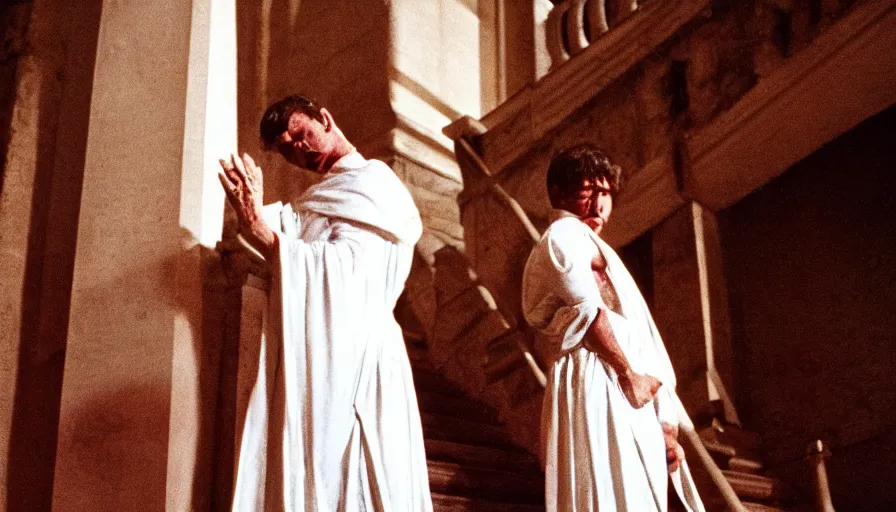 Image similar to 1 9 6 0 s movie still close - up of caligula in a white toga bleeding to death on stairs, cinestill 8 0 0 t 3 5 mm, high quality, heavy grain, high detail, dramatic light, anamorphic