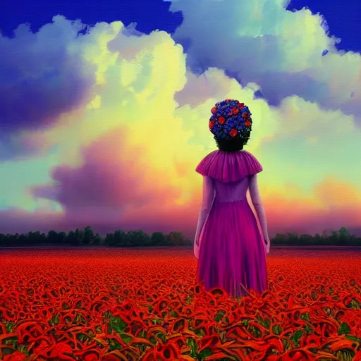 Image similar to giant dahlia flower head, full body girl standing in a flower field, surreal photography, sunrise, dramatic light, impressionist painting, colorful clouds, digital painting, artstation, simon stalenhag