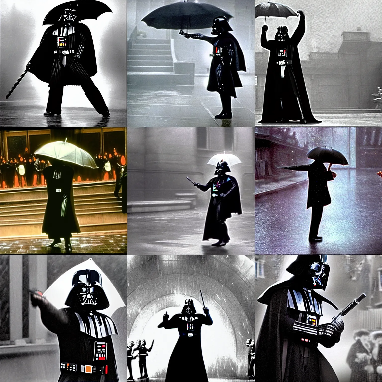 Prompt: Darth Vader holding an umbrella, dancing in the rain, film still from the movie 'Singin' In The Rain' (1952)