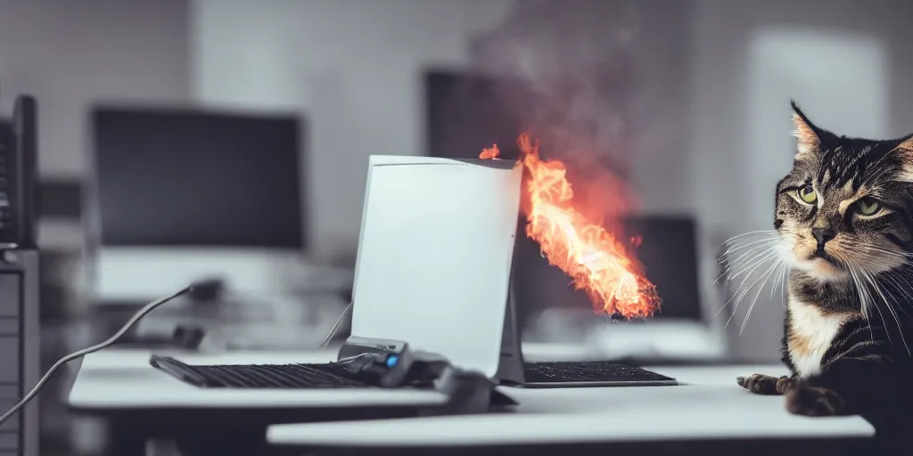 Prompt: photo of a angry cat breathing fire at a computer in an office