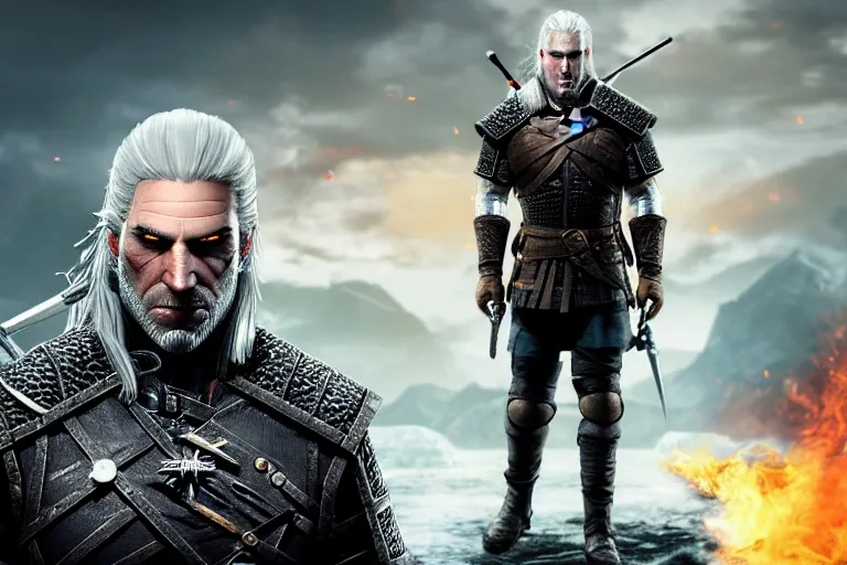 Prompt: Geralt of Rivia is The Avatar, Master of all four elements.