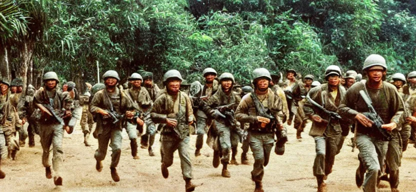 Image similar to american soldiers in vietnam war running in the djungel