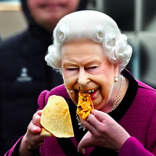 Image similar to Queen Elizabeth biting into a Taco Bell burrito