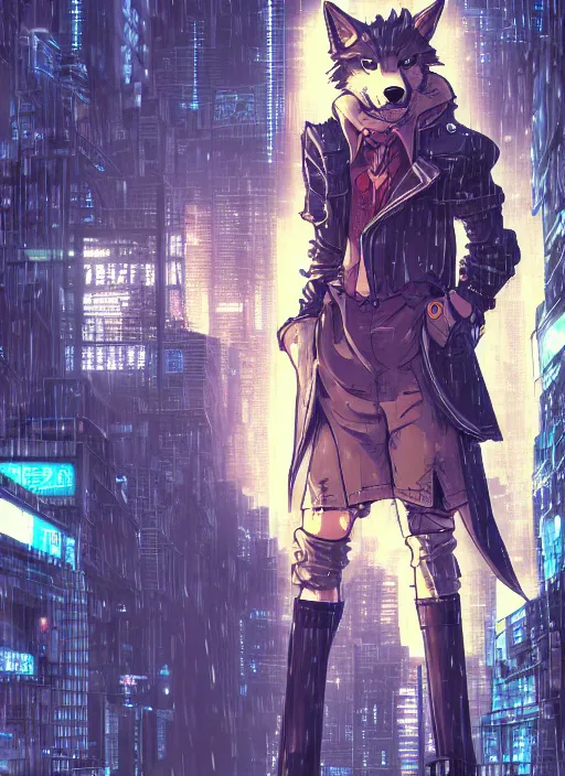 Image similar to character portrait of a male anthro wolf fursona with a tail and a cute beautiful attractive detailed furry face wearing stylish cyberpunk clothes in a cyberpunk city at night while it rains. hidari, color page, tankoban, 4K, tone mapping, Akihiko Yoshida.