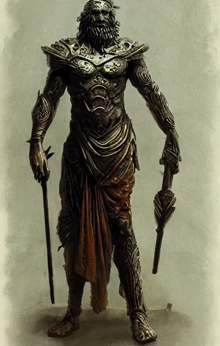 Image similar to zeus god concept, wearing thunder armor, ancient greek ornamented armor, beksinski, weta workshop concept art