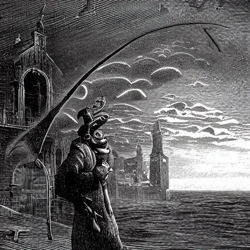 Prompt: Innsmouth, Shadow over Innsmouth, fish in a tuxedo, H.P. Lovecraft, dark clouds, dark, eerie, dystopian, city, eldritch, illustration by Gustave Doré