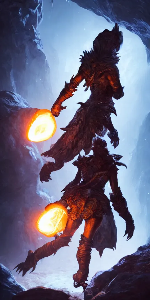 Image similar to a epic hero adventurer holding a torch in a dark cave, fantsy, concept art, artgerm, monster hunter world, 8 k realistic, radiant light, frostbite 3 engine, dof, cryengine, digital art, detailed background