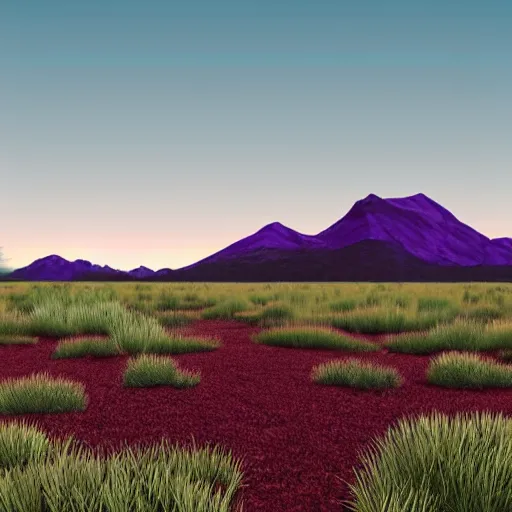 Prompt: artists rendering of the surface of planet X-305-W, the sky is a deep maroon, the grass is purple, and the mountains tower above you