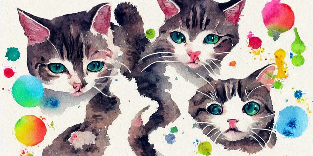 Prompt: watercolor illustration style, cute! cats!!! play with different things