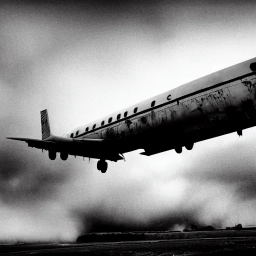 Prompt: black and white press photograph of a rusted abandoned business jet airplane, full view, detailed, natural light, mist, film grain, soft vignette, sigma 5 0 mm f / 1. 4 1 / 1 0 sec shutter, imax 7 0 mm footage