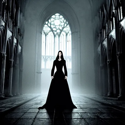 Prompt: jennifer connelly as a vampire in a gothic cathedral at night, gloomy, cinematic, ground mist, volumetric light.