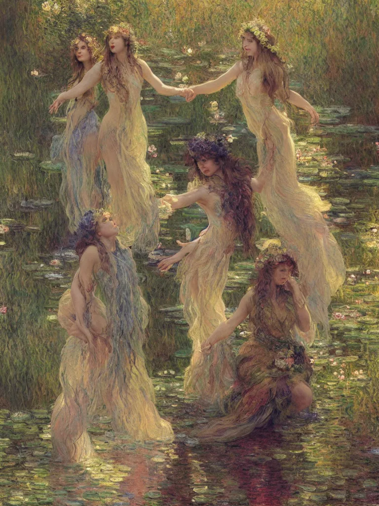 Image similar to illustration studio portrait of three beautiful seraphim female energy in artistic poses in a pond in nature, monet painterly motives and textures pattern, hyper detailed, octane render, vivid colors, artstation, by jeremy mann, by alphonse mucha, by monet