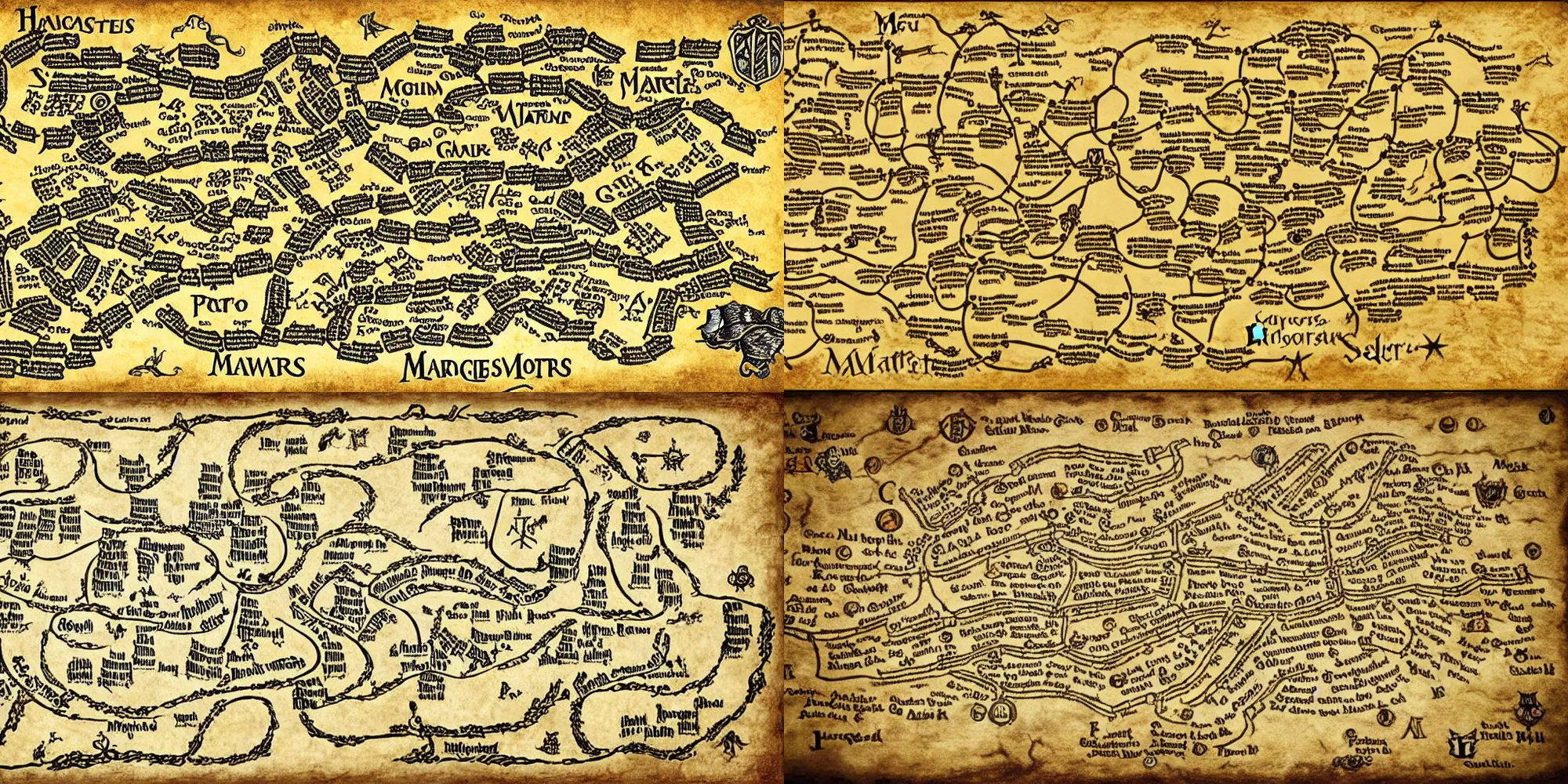 Prompt: marauders map of hogwarts showing names, mischief managed, in the style of treasure map