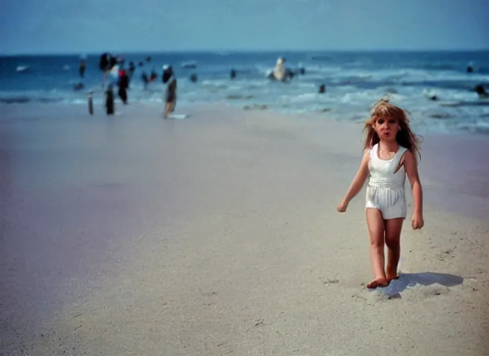 Image similar to 90's Professional Color Photography, Nikon, A girl in white walking on the beach, Summer