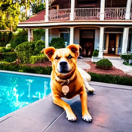 Image similar to a very detailed photo of a dog ( smoking a cigar ) outside the mansion by the pool